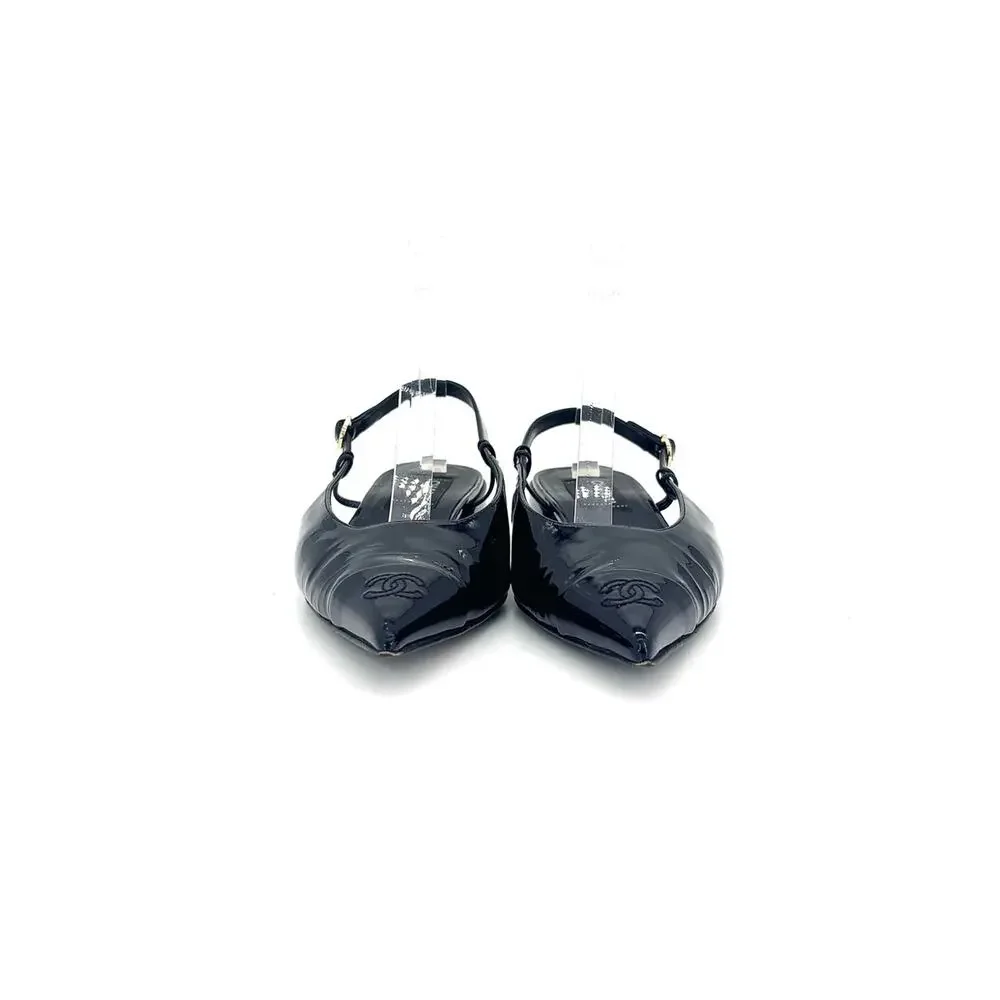 Chanel CC Logo Cap Toe Black Patent Leather Slingback Flats 37.5